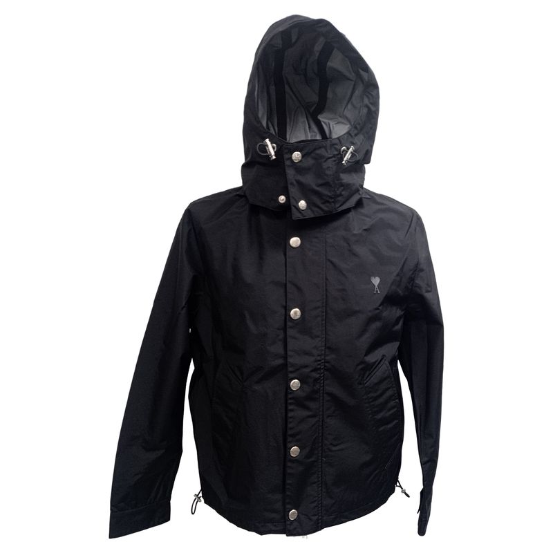 Ami Logo-Embroidered Hooded Rain Jacket In Black Polyamide
